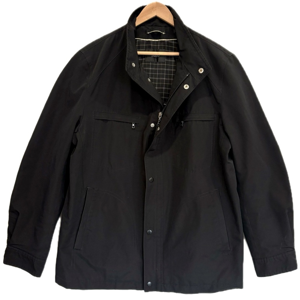 Sanyo Black Full Zip Snap Button Rain Jacket Mens M Water Resistant Overcoat